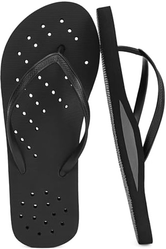 STQ Shower Shoes Women Quick Dry Arch Support Flip Flops Non Slip Beach Pool Dorm Bathroom Thong Sandals with Drain Holes Black, Size 8