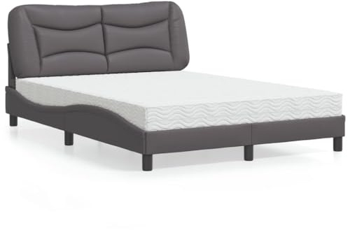 YuuSsea Hvar säng med madrass, grå 140 x 190 cm, konstläder, vågformsdesign, komfortskummadrass H2/H3, sovrumsmöbler