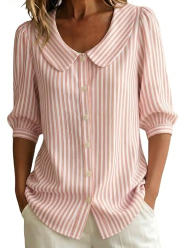 HUIFUAO Chemise rayée à col Peter Pan pour femme - Manches mi-longues - Col boutonné - Chemisier classique décontracté - Tendance - Pour le quotidien