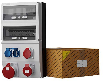 Doktorvolt Baustromverteiler, Stromverteiler eXT-S/FI 63A 32A 16A 2x230V Schuko System Mennekes, Ausgestattet mit 2x 230V 16A Steckdosen, 1x 400V 63A, 1x 32A 400V, 1x 400V 16A Leitungschutzschalter