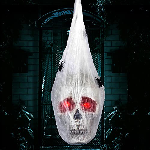 JOYIN Animerat dödskallehuvud med spindelnät och lysande ögon, hängande dekorationer för halloween, gräsmatta och väggdekoration