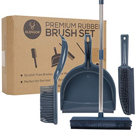 Glengor Premium Rubber Broom & Dustpan Set | 4 Piece Set | Dustpan and Brush | Long Broom | Pet Hair Brush | Built in Squeegee | Hand Brush | Great for Carpets, Kitchen Floors, General Sweeping, Rake