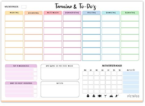 PICTALOO Planificateur hebdomadaire 50 feuilles avec suivi d'activité, objectifs hebdomadaires et notes, sans date, agenda pratique et liste des tâches, agenda journalier, format A4 (coloré)