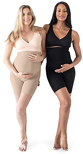 Kindred Bravely Bamboo Seamless No Rub Maternity Shorts 2 Pack (Beige/Black, Small)