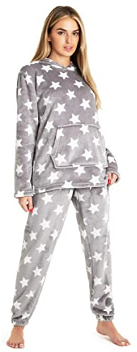 CityComfort Pijamas Mujer, Pijama Mujer Invierno de Forro Polar Estampado de Estrellas, Conjunto con Sudadera y Pantalón Largo, Regalos para Mujer, Talla S-XL (Gris con Estrellas, L)