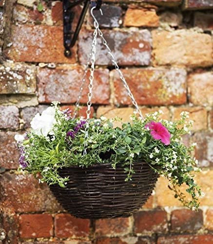 Garden Haven® 14 Garden Rattan Round Hanging Basket Indoor Outdoor Hanging Planter Plants Wicker Hanging Basket with hanging chain Natural Weave Rustic 35cm diameter x 17cm deep with plastic liner