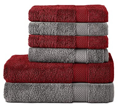 Komfortec 6er Handtuch Set aus 100% Baumwolle, 2er Badetücher 70x140 cm und 4er Handtücher 50x100 cm, Frottee, Weich, Anthrazit/Aurorarot