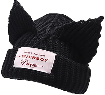 Cat Ear Beanie Y2K Cute Knit Hat with Ears Warm Crochet Hat Skull Cap for Women Men (Black)