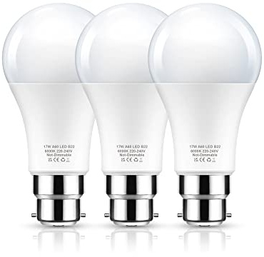 Flaspar 17W B22 Bayonet Light Bulb, 150W Equivalent LED Light Bulbs Bayonet, Daylight 6000K, 1600LM, A60 Energy Saving Bulbs, Not-Dimmable, 3Pack