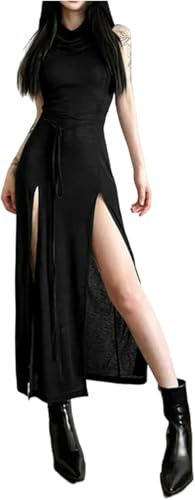 Abiti con Cappuccio Gotico Scuro Punk Scollato Abito Longuette Donna Sexy Streetwear Solido con Spacco Laterale S