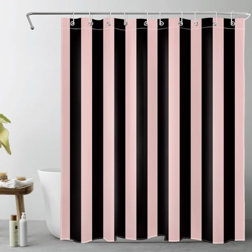 EOBTAIN YL31803 Rideau de Douche à Rayures Roses et Noires pour Salle de Bain Moderne Abstrait Minimaliste à Rayures Verticales avec 10 Crochets – Ensemble de Douche Vintage esthétique pour Salle de