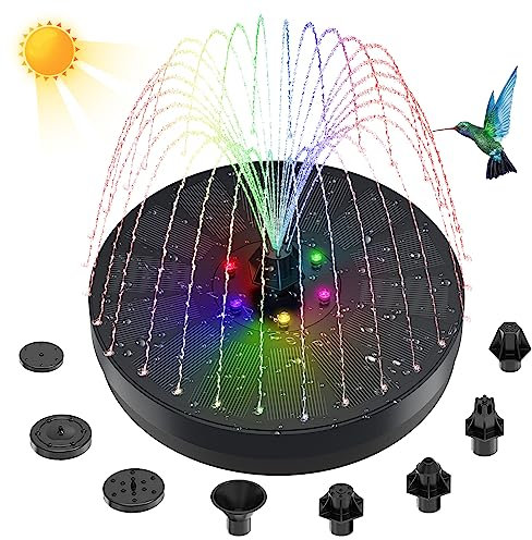 Solar Fountain for Bird Bath, 3W Solar Powered Fountain Pump with 6 Colorful LED Lights, Solar Water Fountain with 8 Nozzles & 4 Anti-Collision Bars for Outdoor Garden Pool Pond Fish Tank