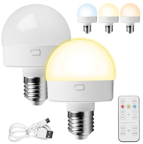 Vegena USB-C Wiederaufladbare Glühbirne,2 Stück 3 Farben 3.5W E26 E27 Akku Glühbirne Mit Fernbedienung,Glühbirne Mit Batterie,USB-C Aufladbare Glühbirne Für Notlicht Innen/Außen,Camping