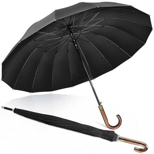 ZOMAKE Parapluie Canne 12 Côtes / 16 Côtes,120 cm Grand Parapluies Manche Bois,XXL Ombrelle Solide Tempete Résistant 2 Personnes,Umbrella Golf Automatique Homme Femme