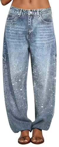 Pantalones de mezclilla de pierna ancha con tirador para mujer, brillantes con lentejuelas, pantalones de jean con control de la barriga, de cintura alta, elásticos, holgados, rectos, de jean