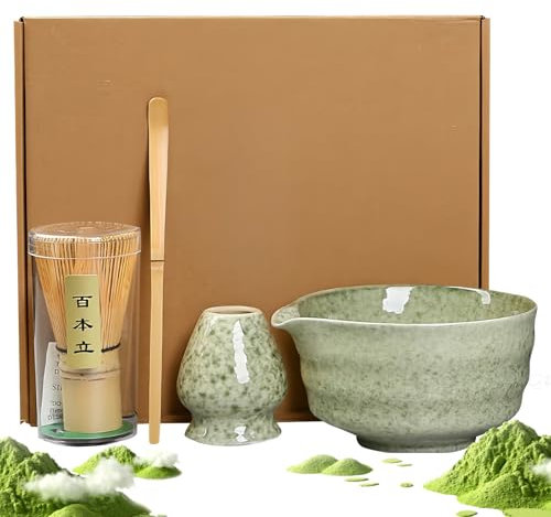 Juego de té matcha, juego de 4 piezas, escoba y batidor, cuenco verde con boquilla, pala para té, whisky matcha