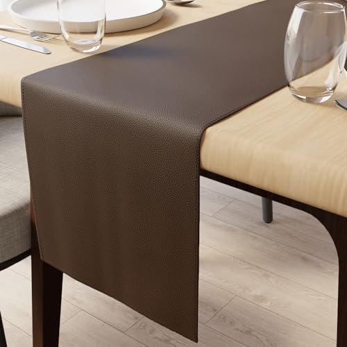 Encasa XO bordslöpare i fuskläder vattentät 30 x 183 cm mörkbrun | 0,7 mm tjockt PU-läder | Halkfri bakdel av trikå | Vattentät, torka ren yta | Passar 4 till 6-sits bord