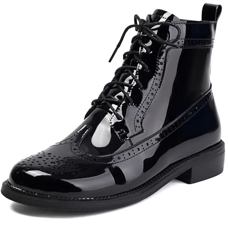Gicoiz Mujer Cordones Invierno Charol Military Brogue Botas Comodo Tacón Ancho Medio Zip Chukka Ankle Botín Oficina Punta Rojoonda Negro Talla 38 EU-39Cn