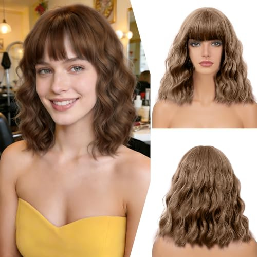 HIVTE Peluca Bob Marrón Oscuro con Flequillo, Peluca Sintética Corta Rizada Ondulada a la Altura del Hombro para Mujer, Cosplay, 14 Pulgadas / 35 cm