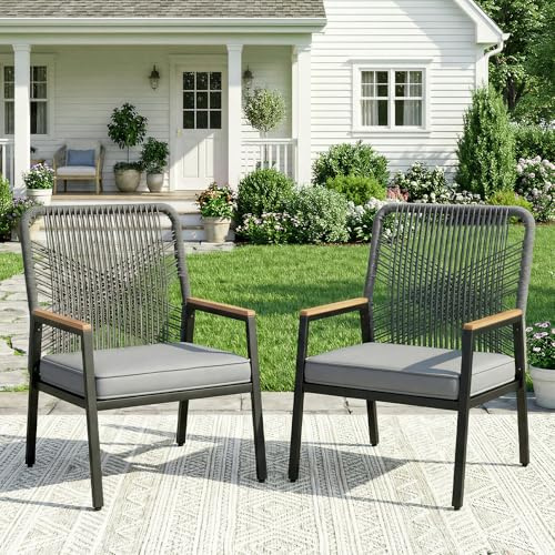 LIFERUN Gartenstuhl Rattan 2er Set, Terrassenstühle, wetterfeste, Balkonstühle Metall und PE Rattan, mit 8 cm Sitzkissen, Max Tragfähigkeit 160 kg, WPC Armrest, für Terrasse Garten Veranda, 2 PCS
