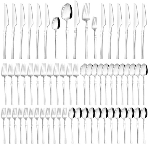 Gyxova Set Posate Acciaio Inox Set di Posate 60 Pezzi per 12 Persone Set di Posate con Coltello Forchetta Cucchiaio in Argento per Casa Ristoranti Feste e Matrimoni Lavabile in Lavastovigli