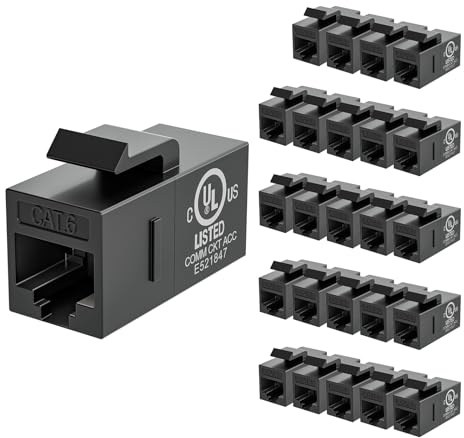 VCE CAT6 RJ45 Keystone Couplers (UL Listed), 25-Pack Ethernet Keystone Jack Female to Female UTP for Cat6/Cat5e/Cat5 Network Cable, 1000 Mbps, Black