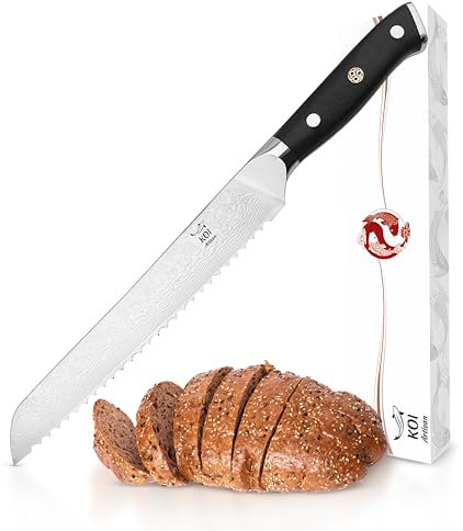 KOI ARTISAN Damascus Bread Knife - 8 Inch Razor Sharp Edge – Chef Knife 67 Layers of Japanese VG10 Super Steel - Military Grade G10 Handle Kitchen Knives