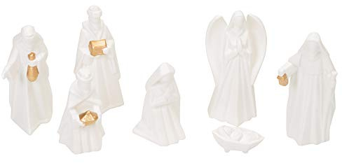 Mark Feldstein & Associates White Porcelain 7 PC Hand Painted Miniature Christmas Nativity Set, Boxed