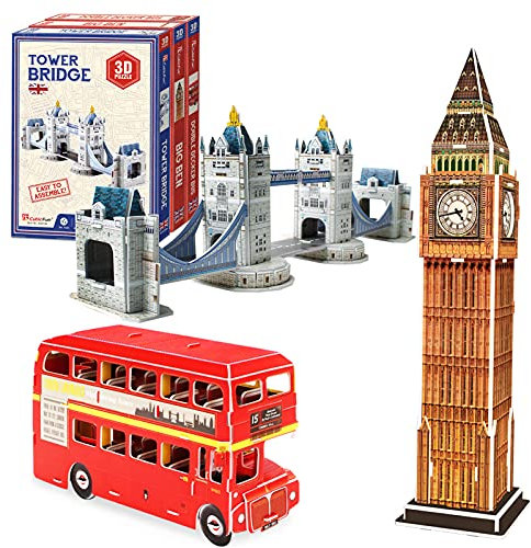 CubicFun 3d Jigsaw Puzzle for Kids UK London Architecture Building Model Landmark Kit Gift for Children, Tower Bridge Big Ben (Small 3 UK Puzzles)