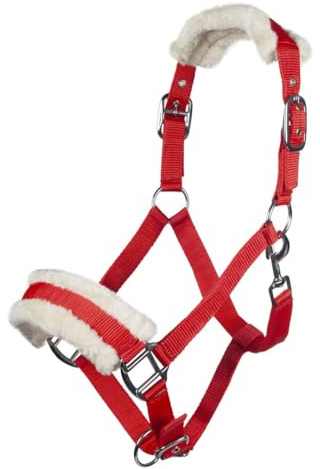 HKM Halfter -Bischofshofen- mit Plüschpolsterung Pferd Fellimitat Warmblut Vollblut Pony Nylon (Rot, Warmblut)