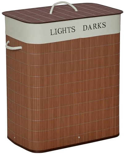 HOMCOM Bambus Wäschekorb schmal mit Deckel 100L Wäschesammler mit Griffen, 2 herausnehmbarer Wäschesack, Laundry Baskets Wäschebox für Waschküche, Schlafzimmer, Badezimmer Braun