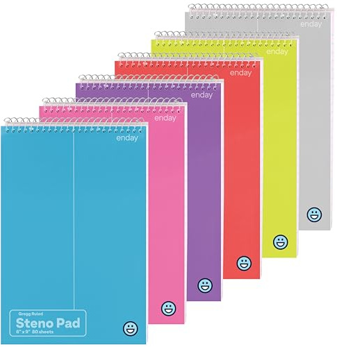Enday Steno Pads Spiral 6 Pack, 6 x 9, 80 Sheets White Paper, Gregg Rule, Steno Notebook for writing, Assorted Colors, Pink, Purple, Green, Blue, Red, Grey