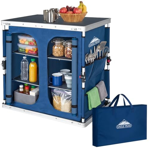 EAGLE PEAK Double Folding Camping Table with Storage Organizer and Side Pockets, Portable Outdoor Portable Camping Table for BBQ, Picnic and Tailgating, Carry Bag Included, Blue