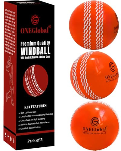 ONEGlobal Premium vindboll mjuka cricketbollar | Hållbar och säker, färgad söm, realistisk hoppning och | inomhus/utomhus coaching, träning, trädgård och strandspel (3 orange)