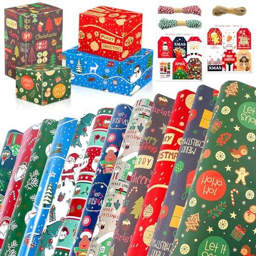Lets Joy 12 ark presentpapper jul, 50 x 70 cm julpapper, kraft presentpapper jul, presentpappersset, presentpapper med presentetiketter och jutesnören