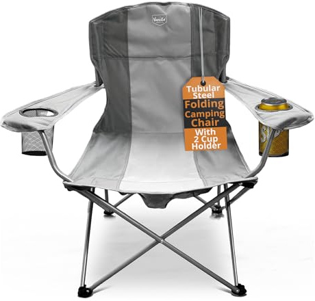 Vanilla Leisure - Camping Chair, Camping Chairs for Adults Luxury Wide Seat Heavy Duty Tubular Steel 2 Cup Holder Armrests Lightweight Portable Outdoor Easi-Fold & Carry Bag
