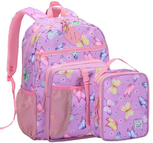 VASCHY Cartable Fille Primaire, Poches Multiples 2 en 1 Set de Sac à Dos Enfant Scolaire 6 à 9 Ans Grande Capacité Sac d'École avec Sac Repas pour Voyage Randonnée Papillon