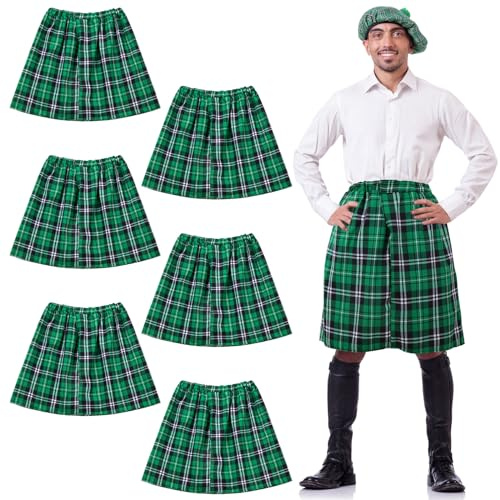 Halfchet 6 Pcs Irish Plaid Green Kilt St Patrick's Day Green Pleated Costume Kilt Scottish Pleated Tartan Skirt Kilts Clothing for Men and Women