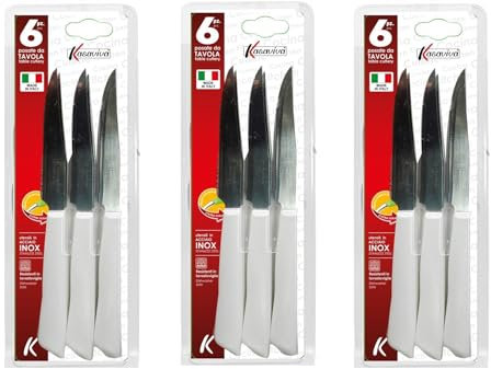 Kasaviva Coltelli da Bistecca, Set di 6pz per Tavola, ideali anche per Carne e Pizza, Lama in Acciaio Inox, Manico Indeformabile (3, Bianchi), 164986