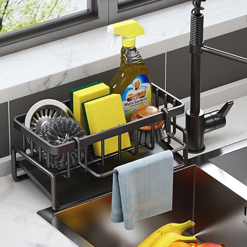 ViWaVee Spüle Küchen Organizer, Spülbecken Organizer Mit Selbstentleerender Ablaufwanne for Schwammhalter, Handtuchhalter, Spültuchhalter, Super Organizer für Küche und Badezimmer. (Schwarz)