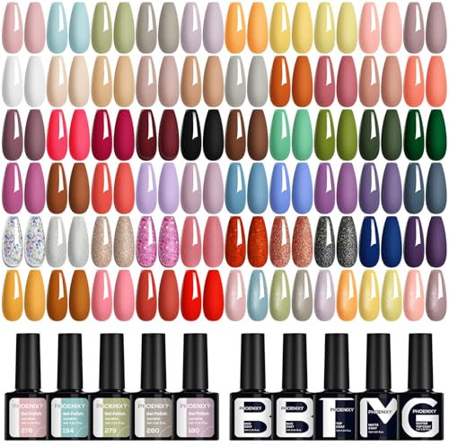 Phoenixy Gel Nail Polish Set - 60pcs Gel Nail Polish 55 Colours 7ml Nails Polishes with Base Coat Top Matte Glitter Coat Nail Varnish Sets Manicure Set Gift for Women