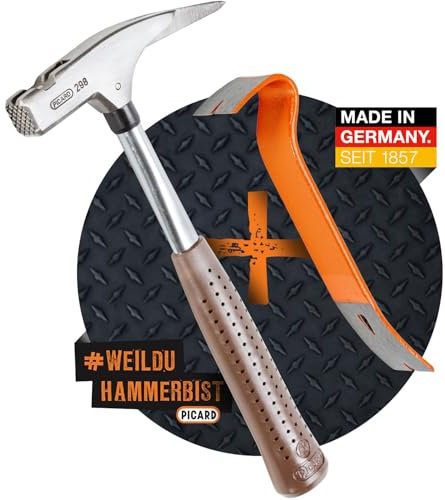 PICARD Martillo de carpintero n.º 298 + hierro para clavos, peso de cabeza de 600 g, banda rugosa, soporte magnético para clavos, protección contra la corrosión, mango de tubo de acero al cromo