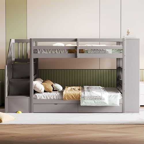 Moimhear Letto a castello 90x200 cm, scala di sicurezza con vani portaoggetti, cassetti portaoggetti e ampi armadietti, struttura alta recinzione, rete a doghe, letto in pino (grigio)