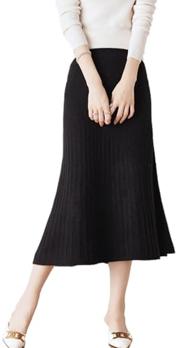 Ailaile Jupe longue en tricot 100 % laine mérinos pour femme - Taille élastique côtelée, noir, Taille S