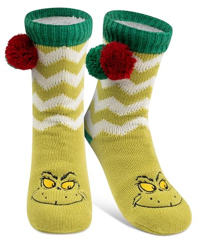 United Labels Calcetines de peluche de El Grinch para mujer, verde, talla única, calcetines suaves con tope y forro con pompón, calcetines de cabaña, calcetines cálidos para mujer