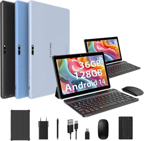FASTWD Tablet 10 Zoll Android 14 Tablet mit 5G WiFi36GB RAM+128GB ROM(1TB TF),8MP+13MP,8000mAh,mit Tastatur,Maus,Holster,Stift,Blau