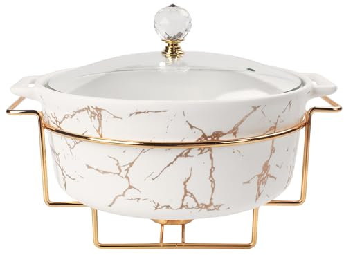 jinsongdafa Porcelain Serving French Tureen Set with Glass Lid and Rack, 1900 ML Casserole Baking Dish, Chafing Dish for Buffet, Food Preserve Tray, Catering Casserole for Party Style