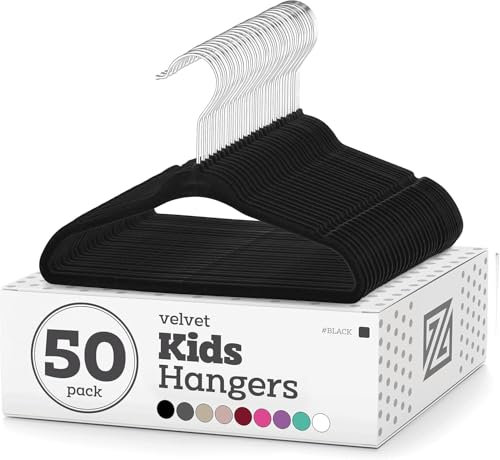 Velvet Baby Hangers - 50-Pack, Premium, Non-Slip Kids Hangers for Clothes - Small Childrens w/ 360 Degree Swivel Hook for Jackets, Trousers and Dresses - Black