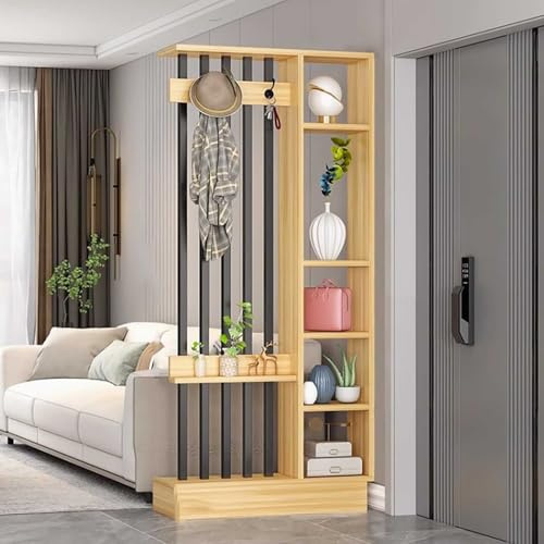 Wall Room Divider,Entrance Hall Partition Screen Column Floor to Ceiling,with Coat Rack Cabinet,Wood Privacy Screens,Room Partition Post,ceiling to floor solid wood partition(Wood color+black,80cm/31.