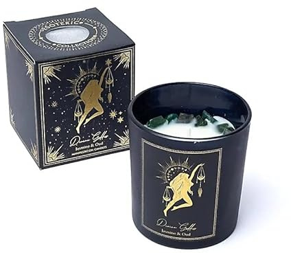 LivuX manifestationsljus gudomlig gudinna 20 timmar. – Glas med ädelstenar, 8 x 7 cm, handgjutet av soja- och palmvax, jasmin och örnträdoft, mindfulness & manifestationsljus 120 g 1268